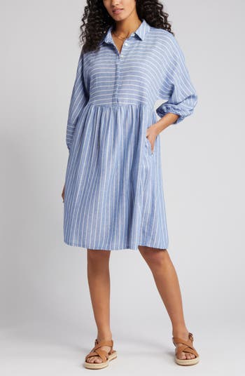 Linen-blend Dress - Blue/striped - Ladies