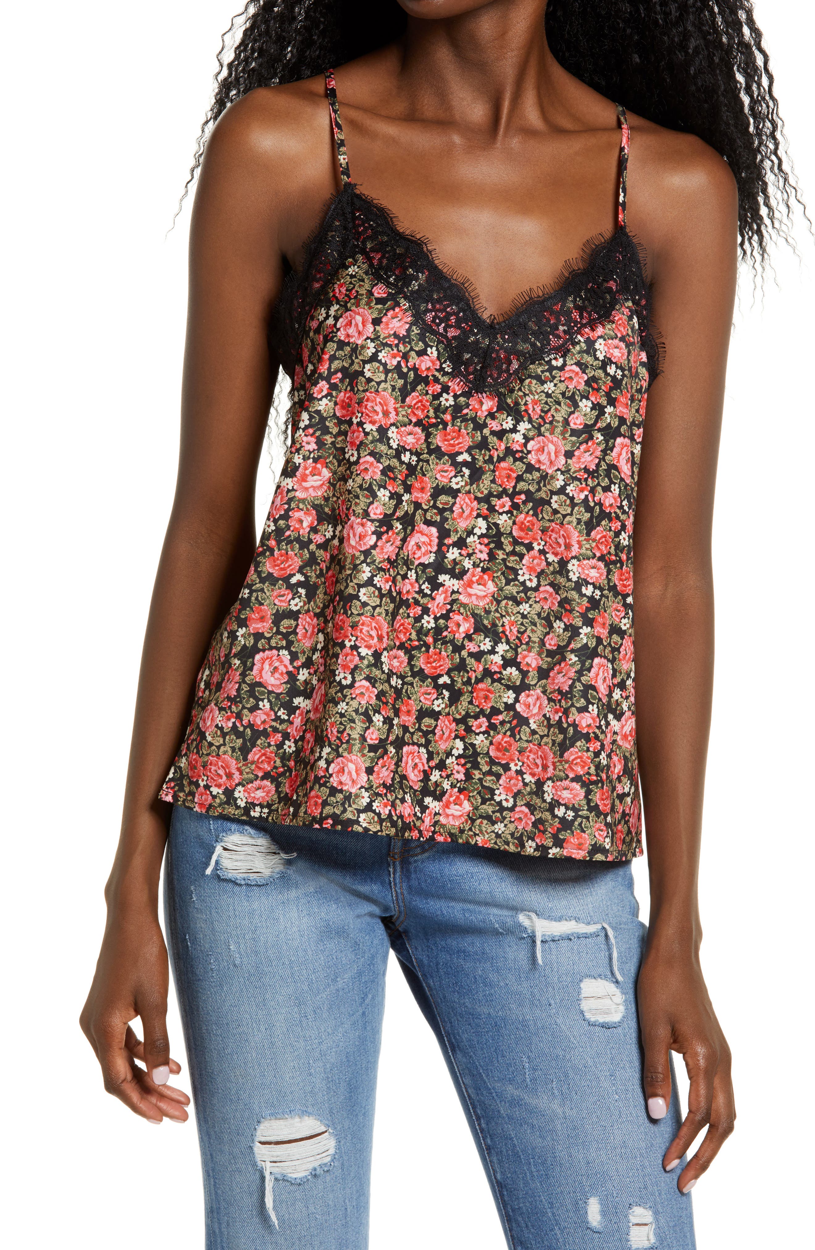 Women's Bp. Lace Trim Satin Camisole, Size Small - Black