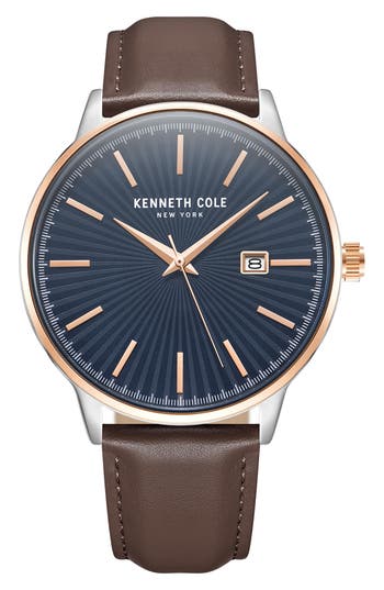 Shop Kenneth Cole Three-hand Quartz Leather Strap Watch, 45mm In Tt Silver/gold Rose/brown