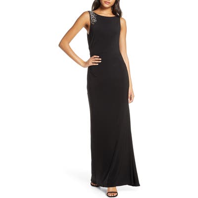 Petite Vince Camuto Embellished Boat Neck Evening Gown, Black