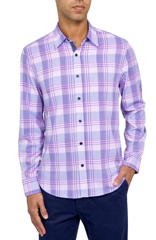 Construct Trim Fit Plaid Four-way Stretch Performance Dress Shirt In Lilac