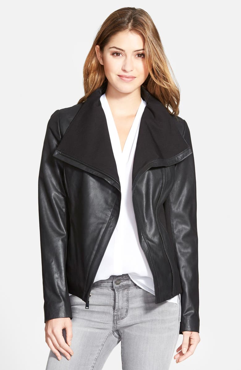 T Tahari 'Luisa' Knit Panel Drape Front Leather Jacket (Online Only ...