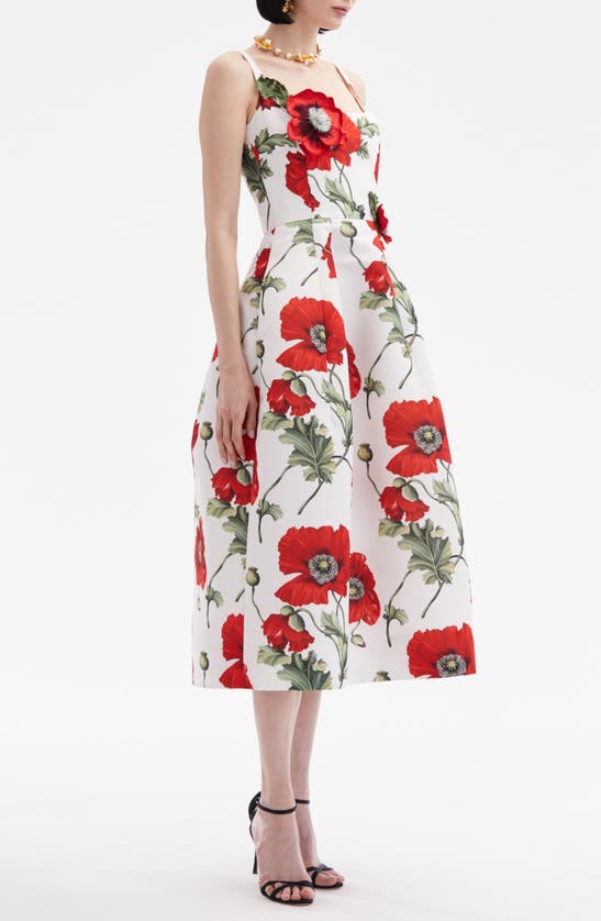 Shop Oscar De La Renta Poppies Floral Appliqué Midi Dress In White/ Red