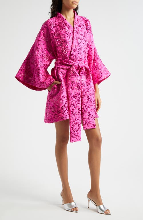 Shop La Vie Style House Floral Brocade Long Sleeve Cover-up Wrap Minidress In Magenta