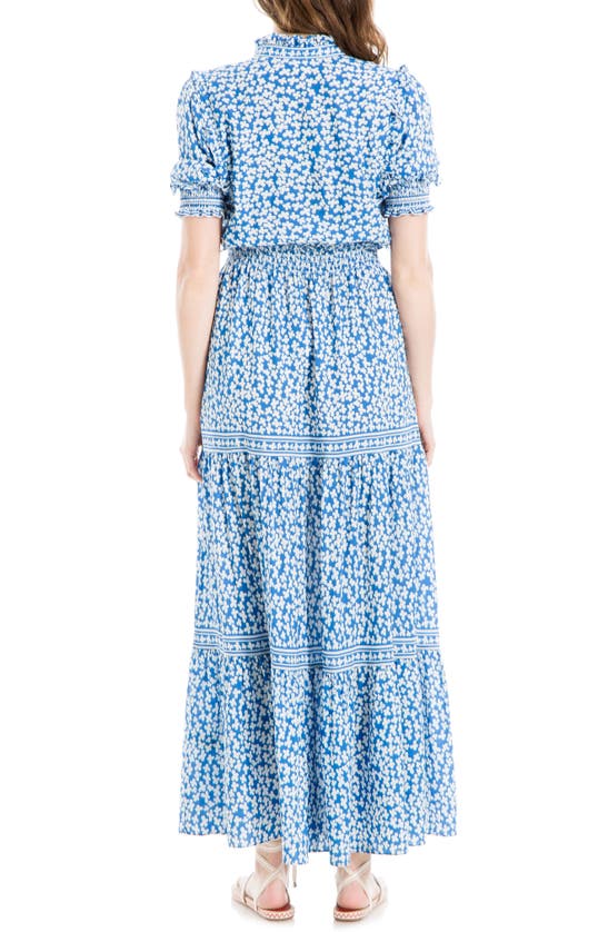 Shop Max Studio Ruffle Collar Print Tiered Maxi Dress In Blue Blot Flower