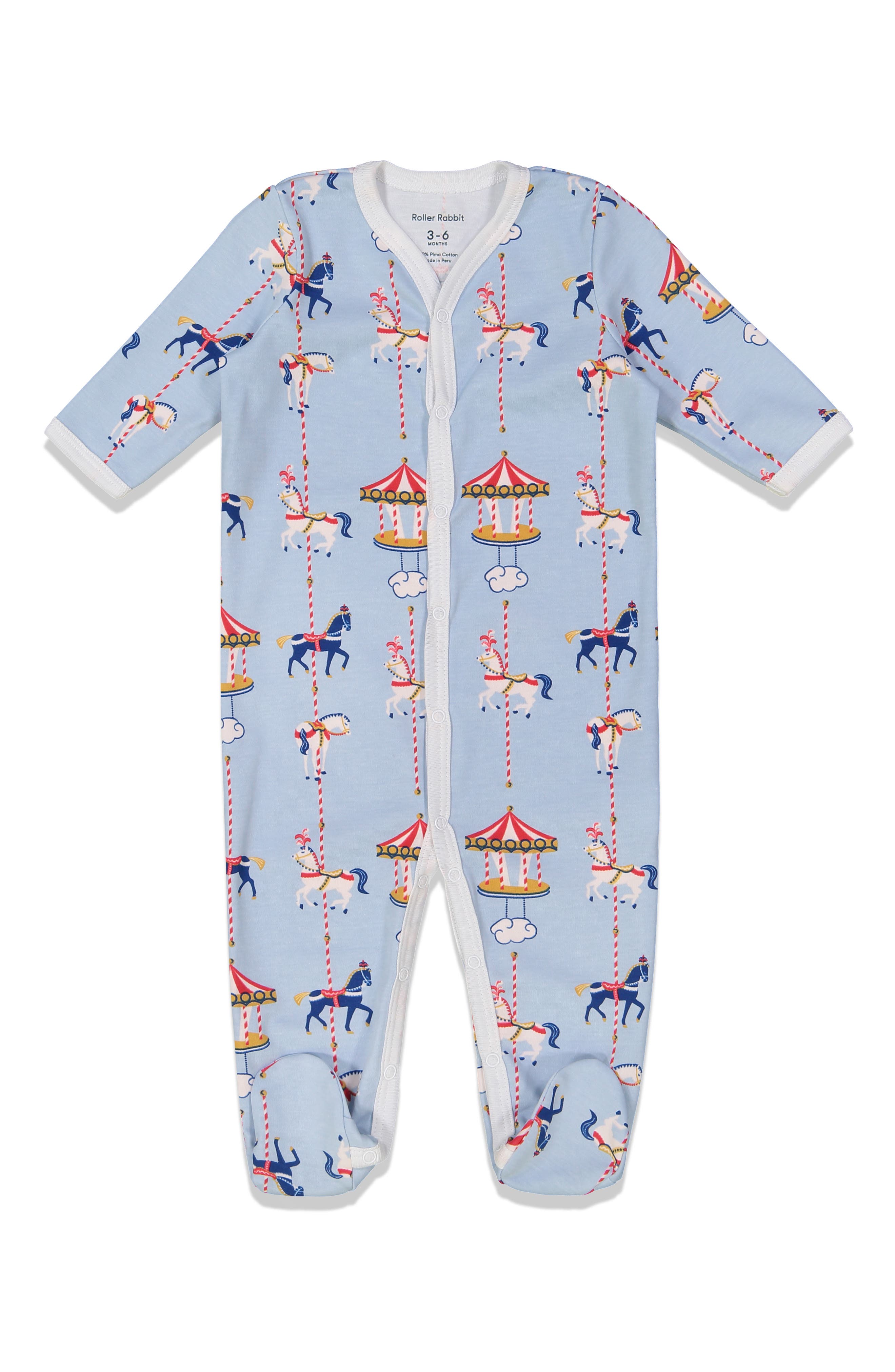 Infant Roller Rabbit Carousel Fitted One-Piece Footie Pajamas, Blue