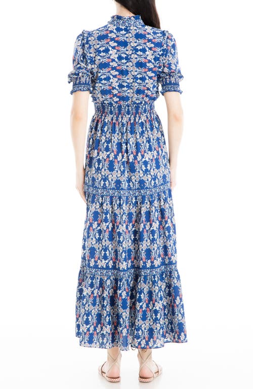 Shop Max Studio Ruffle Collar Print Tiered Maxi Dress In Blue Floral Print