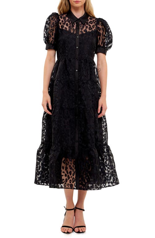 English Factory Leopard Burnout Jacquard Button-Up Dress in Black