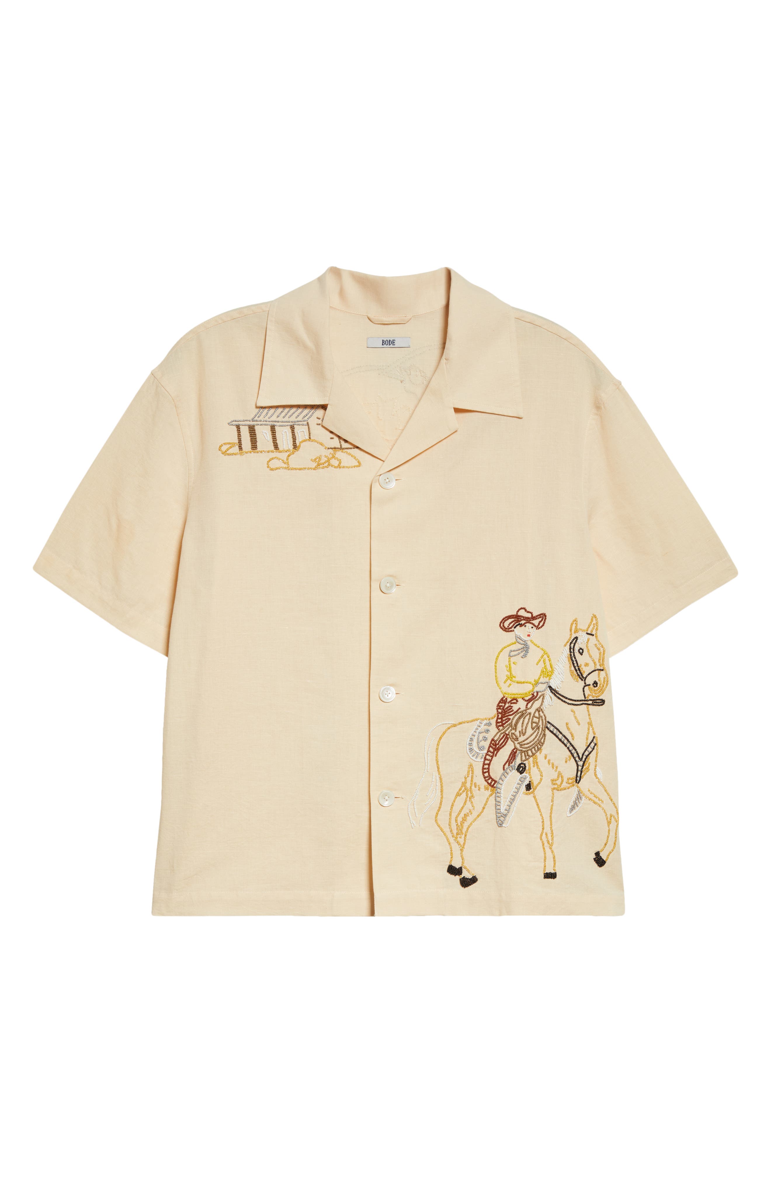 Bode Boxy Beaded Buckaroo Short Sleeve Linen & Cotton Camp Shirt 