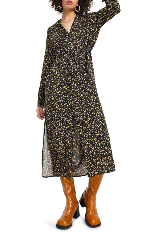 Topshop Floral Casual Midi Shirtdress in Black