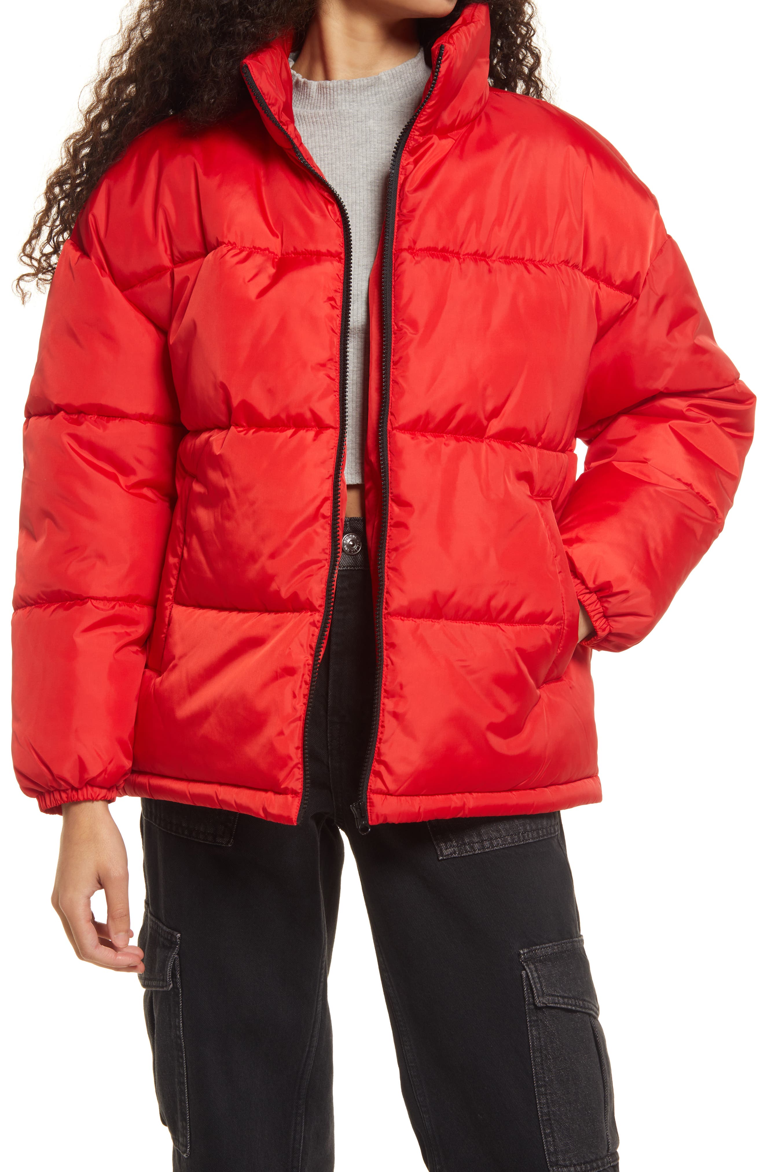 red puffer coat with hood
