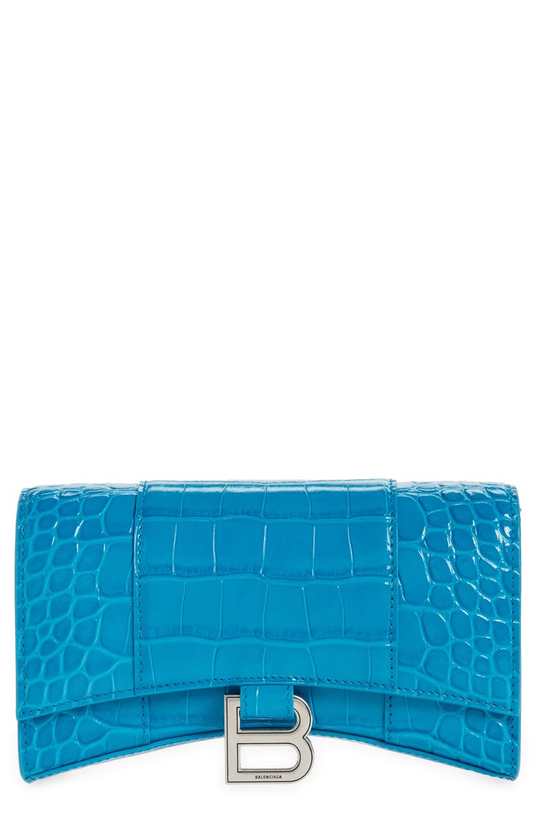BALENCIAGA Hourglass Croc Embossed Leather Wallet on a Chain, Main, color, TURQUOISE