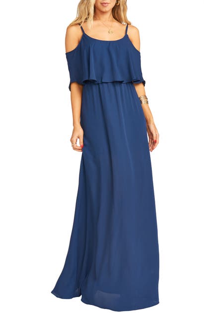Show Me Your Mumu Caitlin Cold Shoulder Chiffon Gown In Rich Navy ...