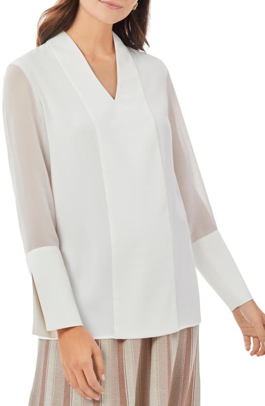Misook Sheer Sleeve Crepe Chiffon Blouse In White