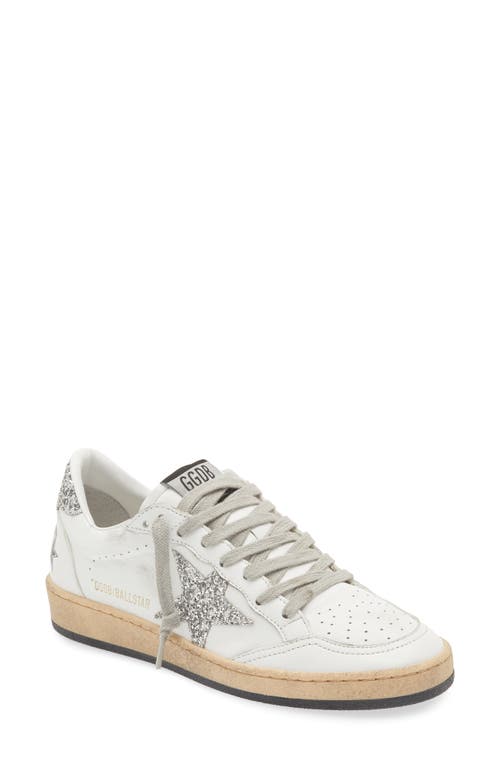 Golden Goose Ball Star Distressed Glittered Leather Sneakers In White/silver