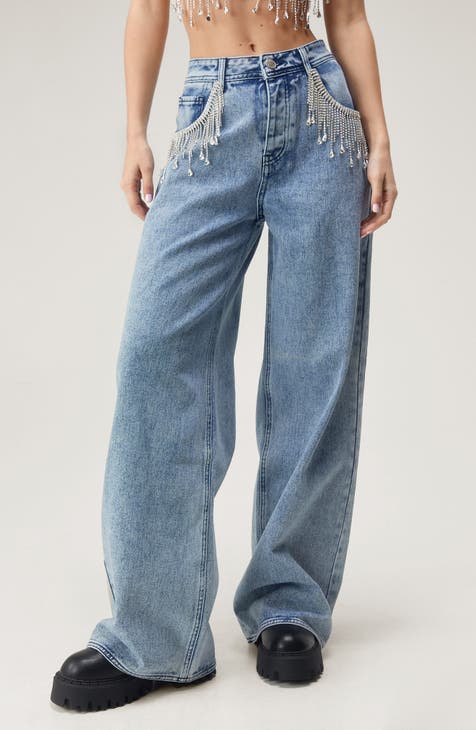 Embellished Fringe Wide Leg Jeans (Authentic Mid Wash)