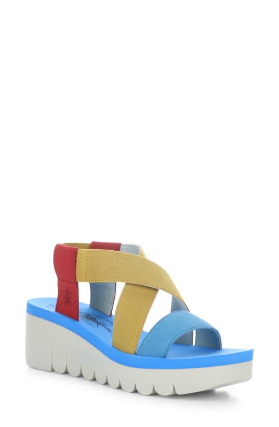 Fly London Yaby Platform Wedge Sandal In Azule/ Lipsred/ Yellow Cupido