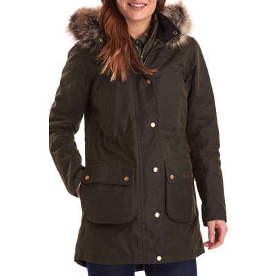 Barbour Thrunton Waxed Cotton Jacket With Faux Fur Trim, US / 16 UK - Green