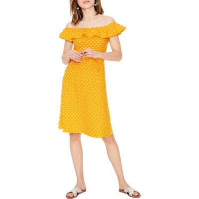 Boden Bethany Polka Dot Off The Shoulder Cotton Jersey Dress, Yellow