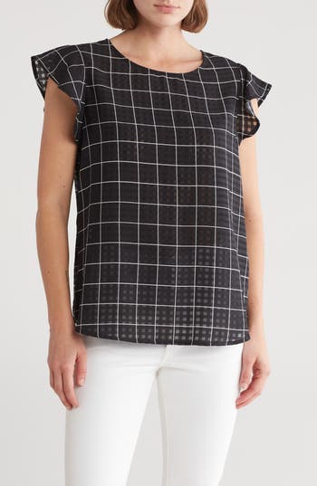 Adrianna Papell Print Flutter Sleeve Top In Black/ivory Simple Panel
