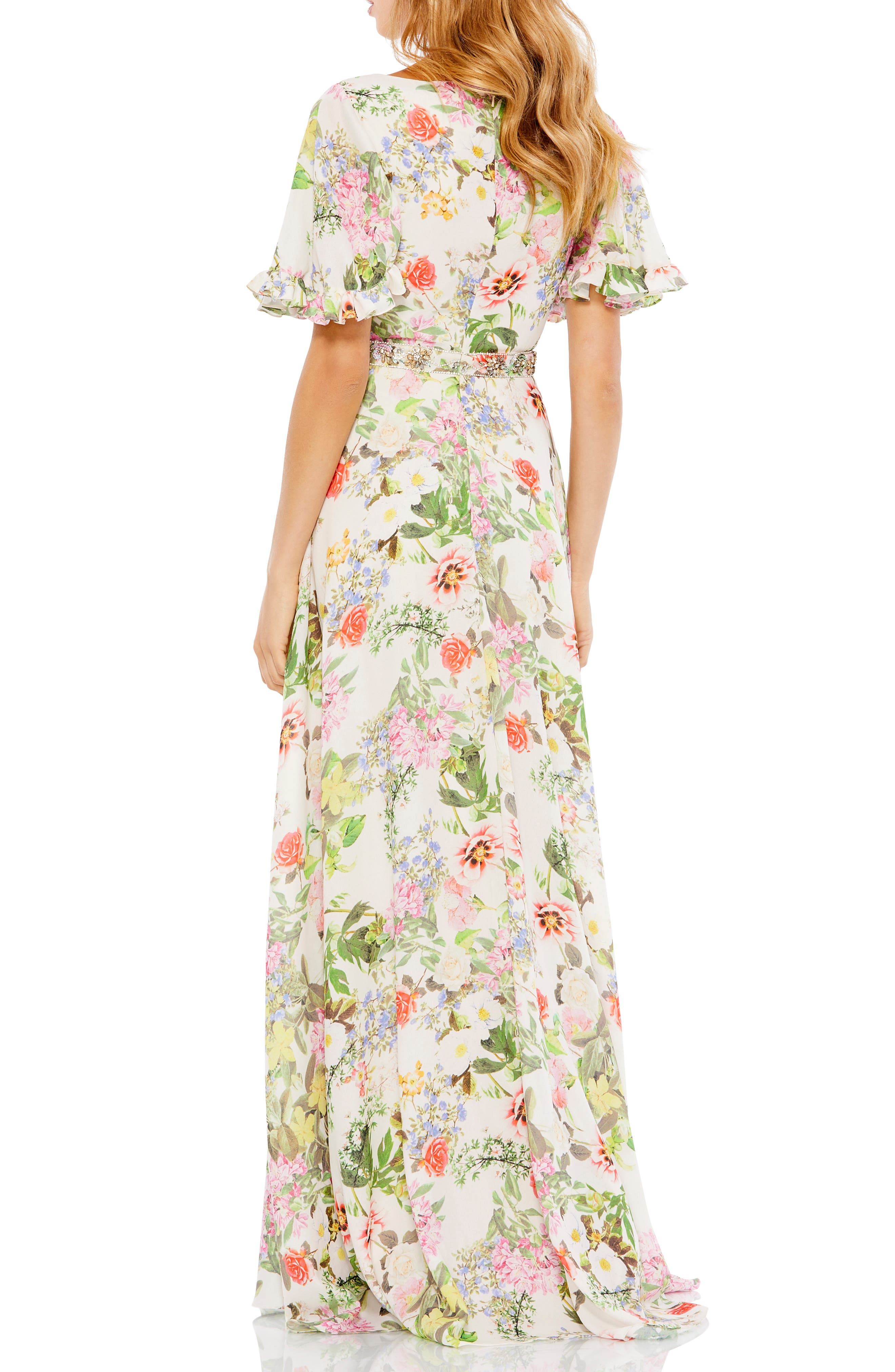 Mac Duggal Floral Print Flutter Sleeve Gown