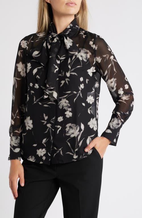 Anne Klein Floral Sheer Tie Neck Button-up Shirt In Black