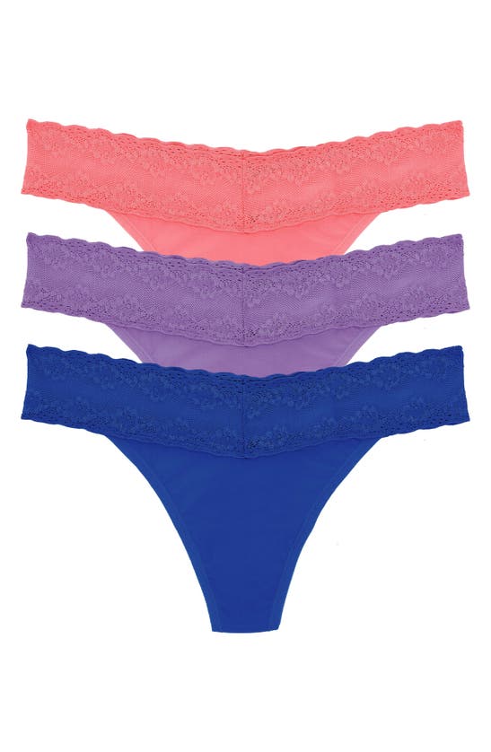 Shop Natori Bliss 3-pack Perfection Lace Trim Thongs In Pap/ Pur/ Co