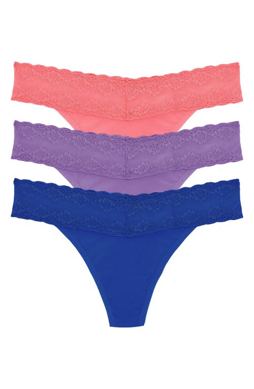 Natori Bliss 3-pack Perfection Lace Trim Thongs In Pap/pur/co