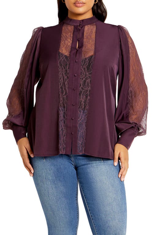 Shop City Chic Georgia Lace Inset Sateen Button-up Shirt In Dusty Mauve