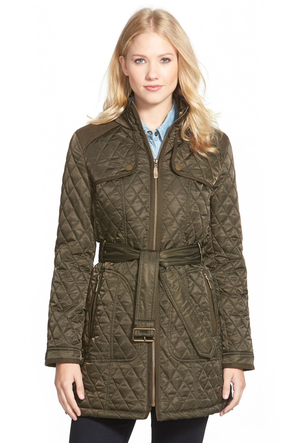 Vince Camuto Faux Suede Trim Belted Quilted Coat | Nordstrom