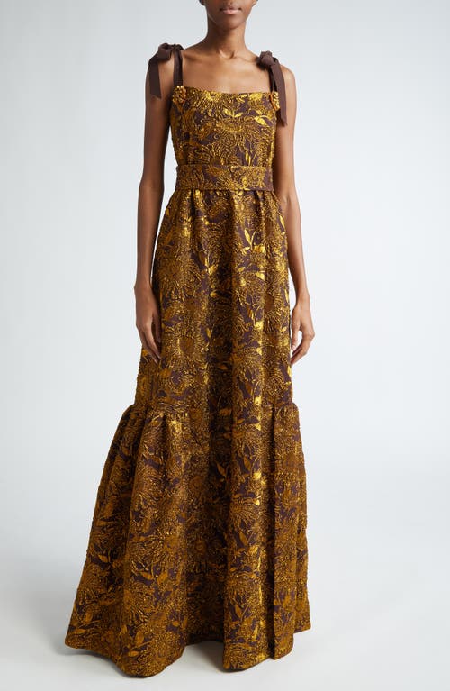 Shop Lela Rose Sunflower Brocade Gown In Chestnut/gold