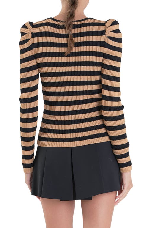 English Factory Puff Shoulder Stripe Rib Knit Top In Tan/black