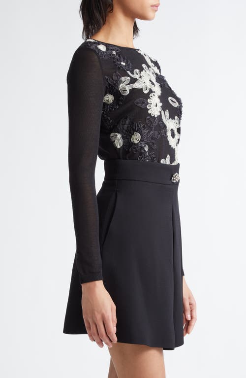 Shop Giambattista Valli Floral Ribbon Embroidered Cashmere & Silk Sweater In Black/ivory