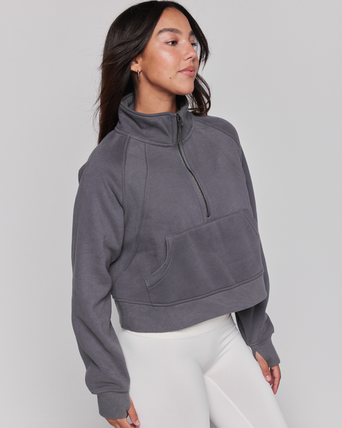 Shop Rebody Active Effortless Fleece Crop Half Zip Sweatshirt In Smoke