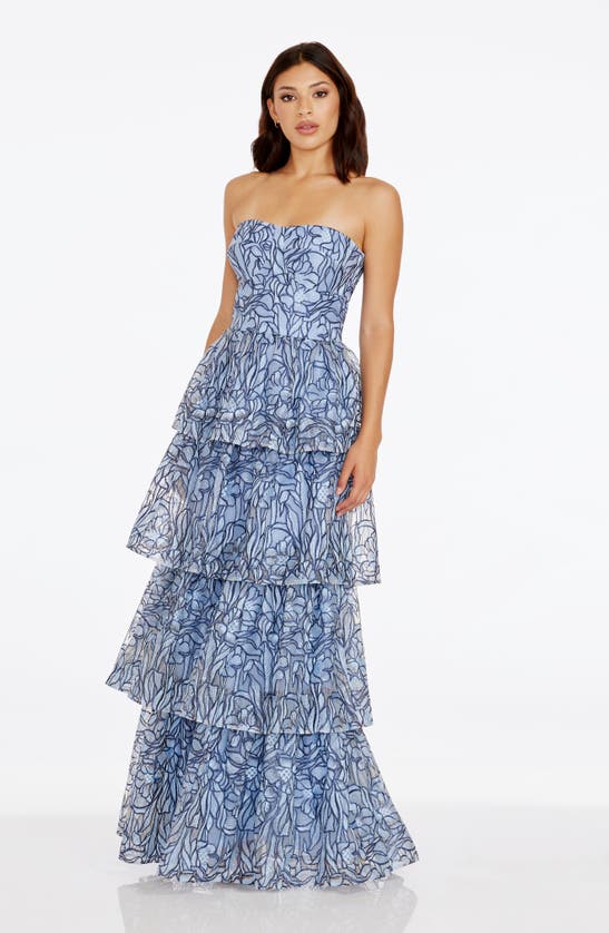 Shop Dress The Population Aubriella Beaded Floral Strapless Tiered Gown In Mineral Blue Multi