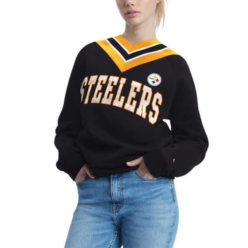 Women's Tommy Hilfiger Black Pittsburgh Steelers Heidi Raglan V-Neck Sweater