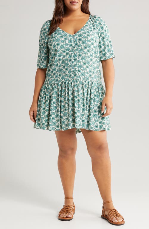 Drop Waist Minidress in Ivory- Green Celia Floral