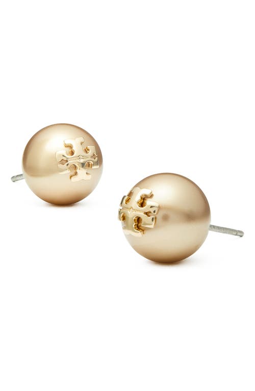 Shop Tory Burch Kira Logo Swarovski Crystal Imitation Pearl Stud Earrings In Tory Gold/brown