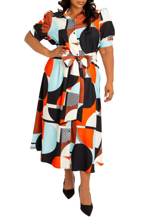 Buxom Couture Geometric Print Puff Sleeve Shirtdress In Multi