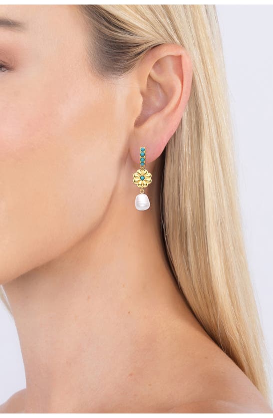 Eye Candy Los Angeles Myla Crystal & Imitation Pearl Drop Huggie Hoop Earrings In Gold