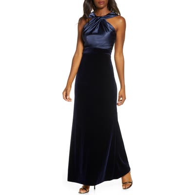 Eliza J Twist Front Sleeveless Satin & Velvet Gown, Blue
