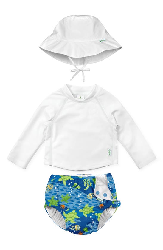 Green Sprouts Babies' Bucket Sun Hat, Long Sleeve Rashguard & Reusable Swim Diaper Set In Royal Blue Turtle Journey