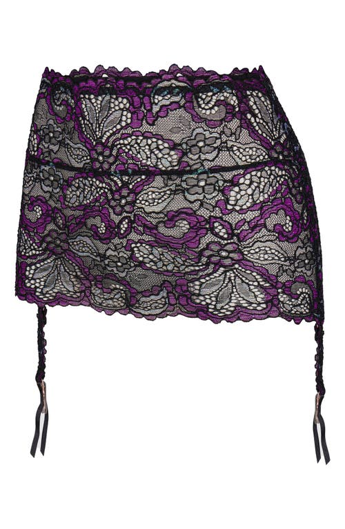 Savage X Fenty Romantic Corded Lace Garter Belt In Black Caviar/purple Metallic