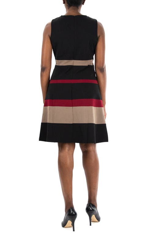 Nina Leonard Sleeveless Jewel Neck Colorblock Dress In Black/mink/crimson