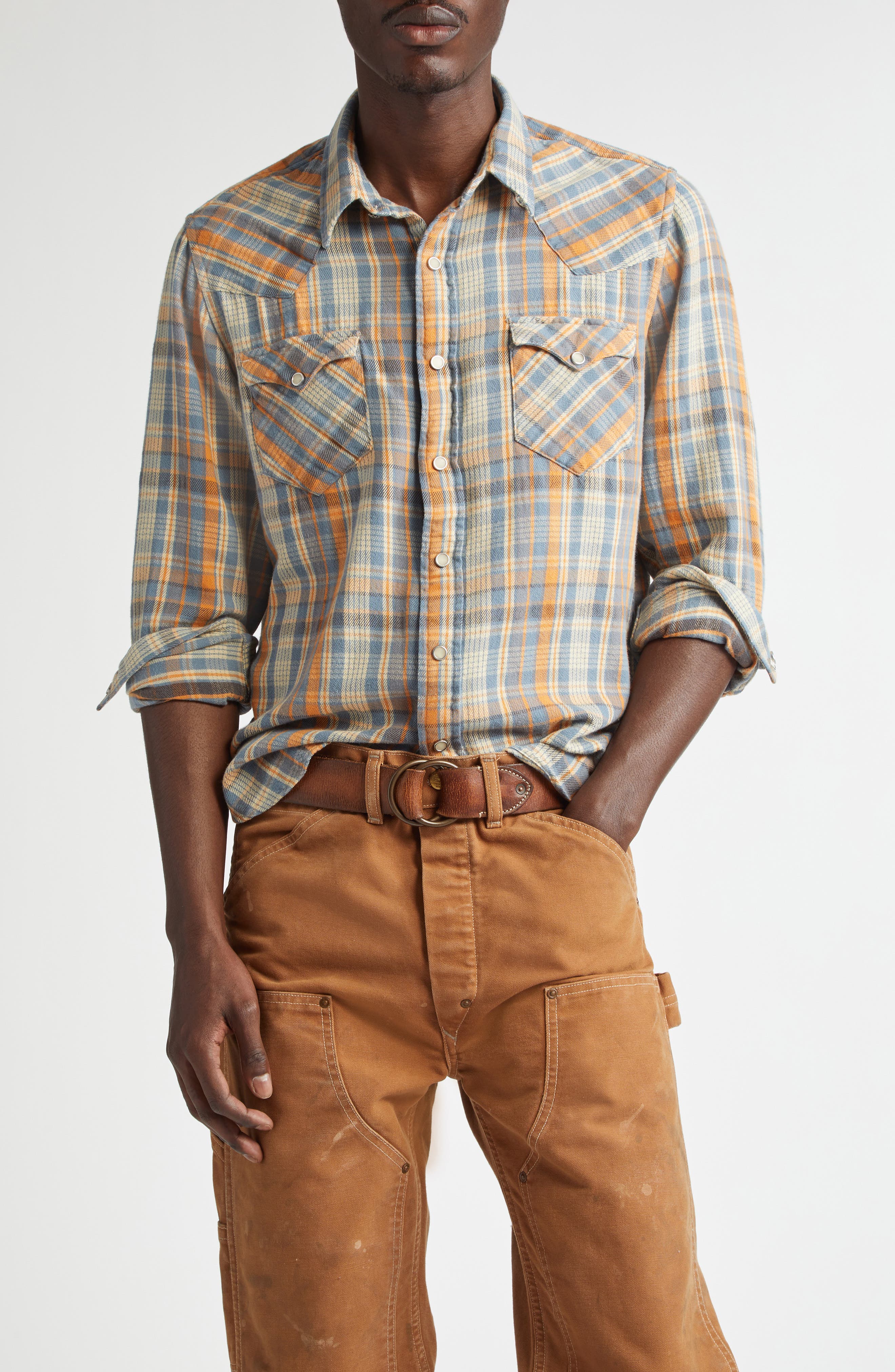 Double RL Plaid Buffalo Cotton Snap-Up Western Shirt in Rl-716 Blue/Orange 