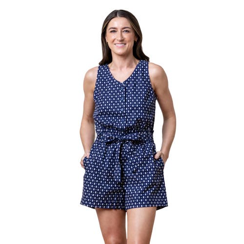 Hope & Henry Sleeveless Linen Button Front Romper In Navy Riviera Print