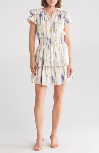 Shop Mila Mae Flutter Sleeve Tiered Minidress In Cream Abstract Floral