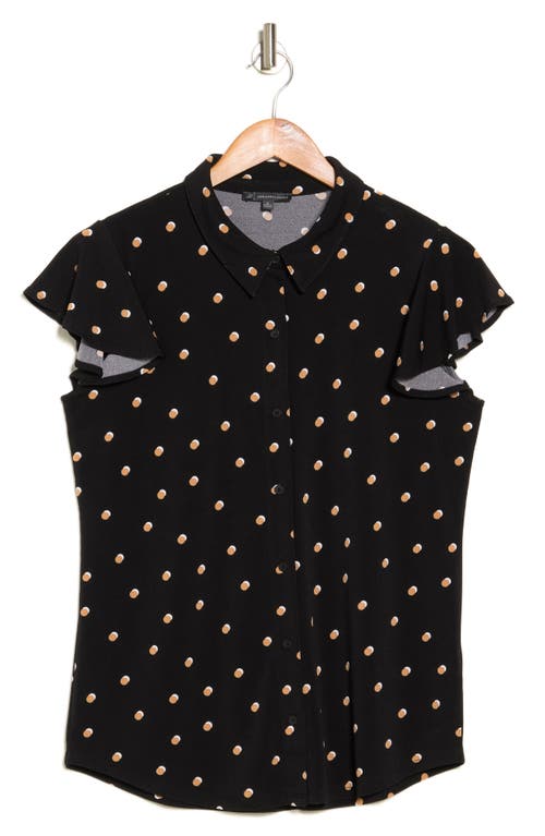Shop Adrianna Papell Flutter Sleeve Button-up Shirt In Black/khaki Double Dot