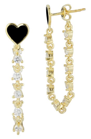 Sphera Milano Cz Heart Enamel Chain Drop Earrings In Gold/black