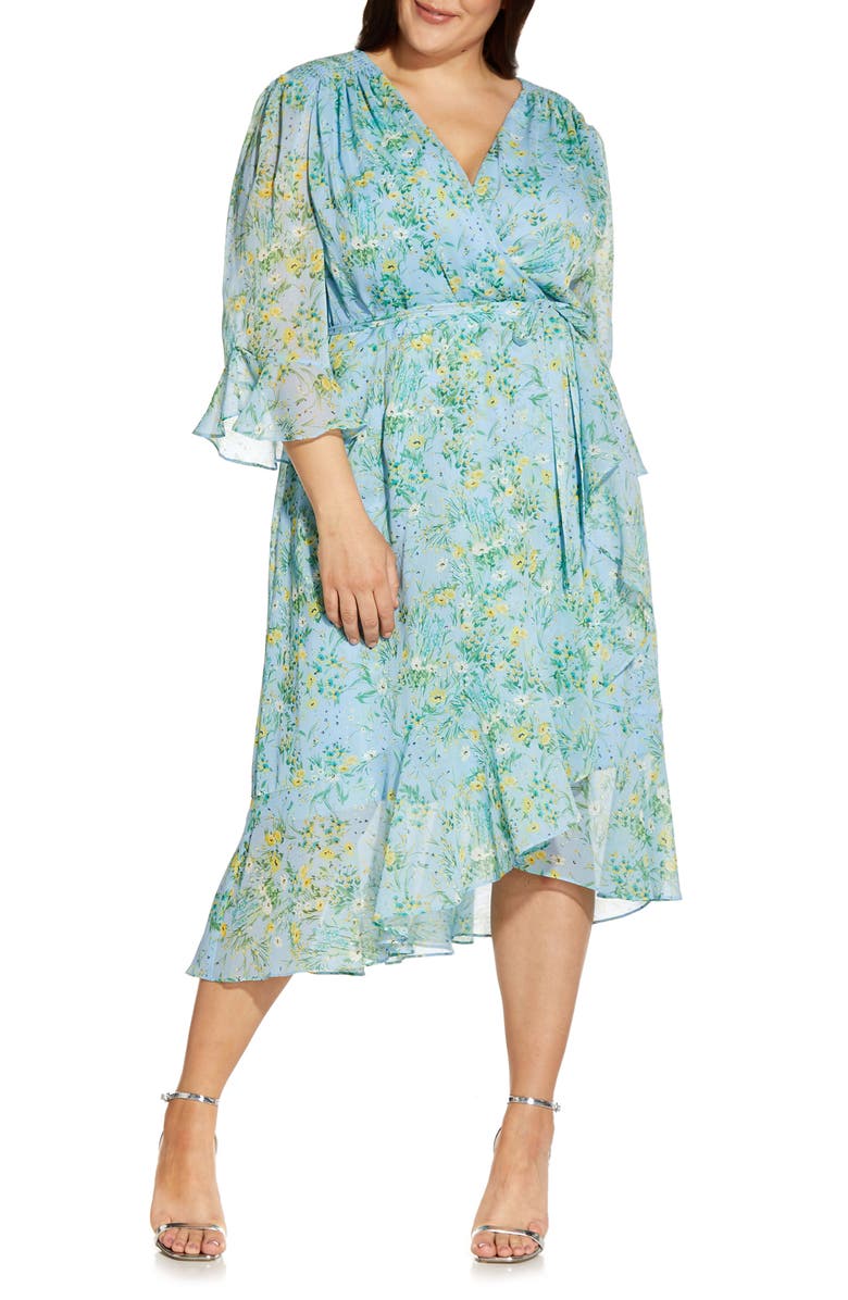 ADRIANNA PAPELL Ditsy Floral Ruffle Chiffon Dress, Main, color, BLUE MULTI